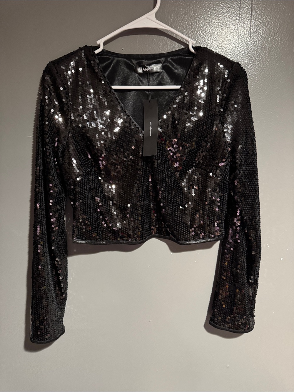 Allegra K Black Sequin V-Neck Long Sleeve Cropped Top